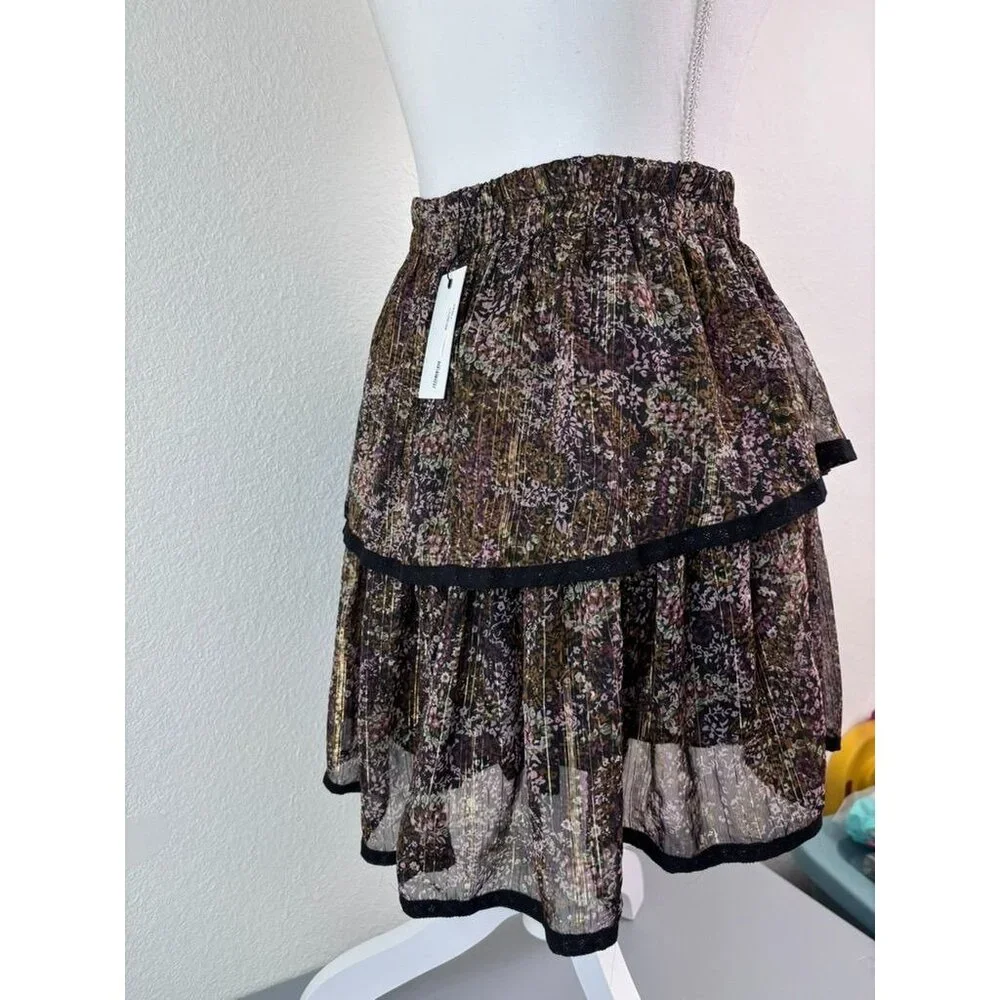 Allison‎ New York women's small brown patterned tiered mini skirt metallic NWT